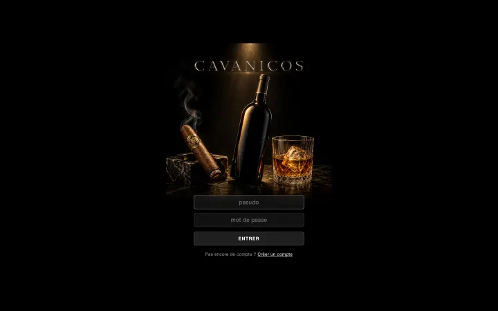 Page de connexion de CAVANICOS : une bouteille, un cigare et un verre sur fond noir