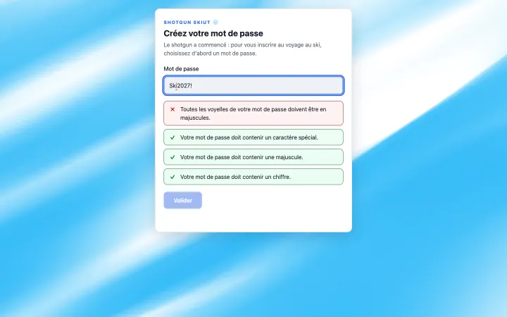 Le jeu du mot de passe du Shotgun SKIUT : une condition refusée en rouge, trois validées en vert